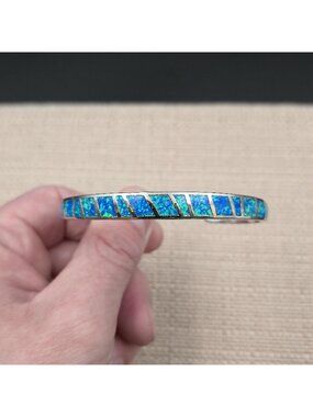 7 Inch Geometric Blue Opal Inlay Cuff Bracelet B1245
